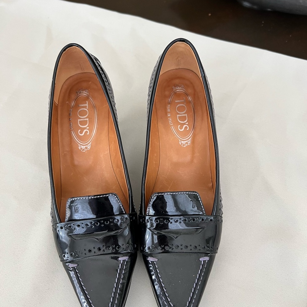 Tod's Black Patent Leather Loafers with Penny Strap